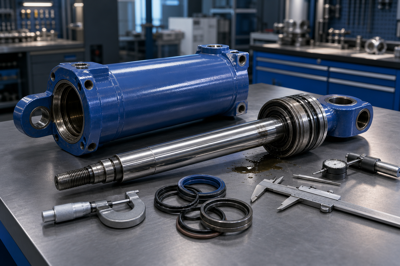 Zerlegter Hydraulikzylinder zur Reparatur und Instandsetzung